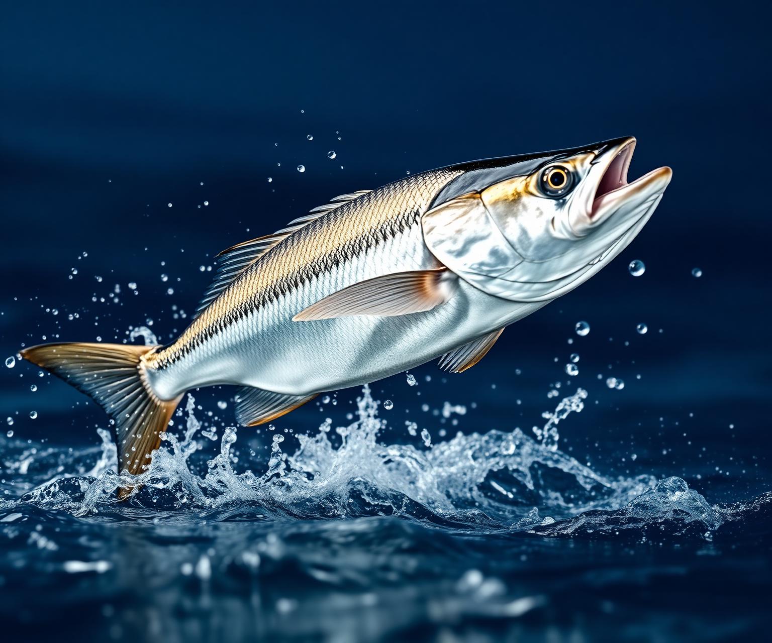 Fresh silver fish leaping out of ocean water